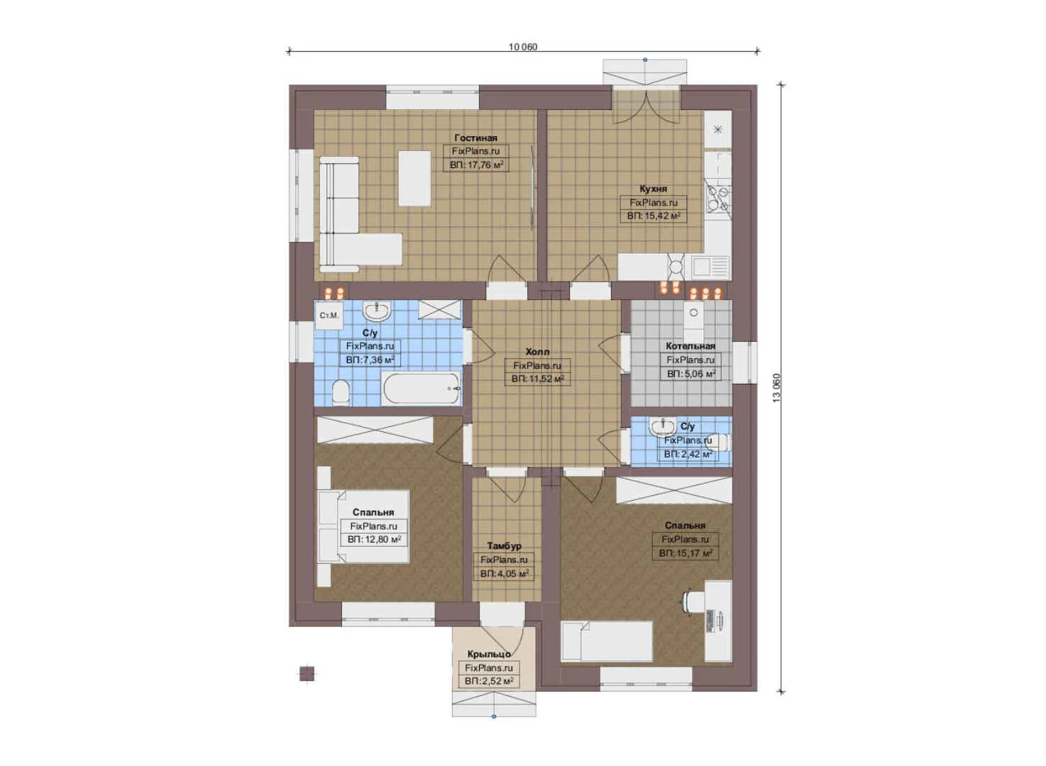 F-13688 - План одноэтажного дома 11 на 14, площадью 100 м² с 2 спальнями