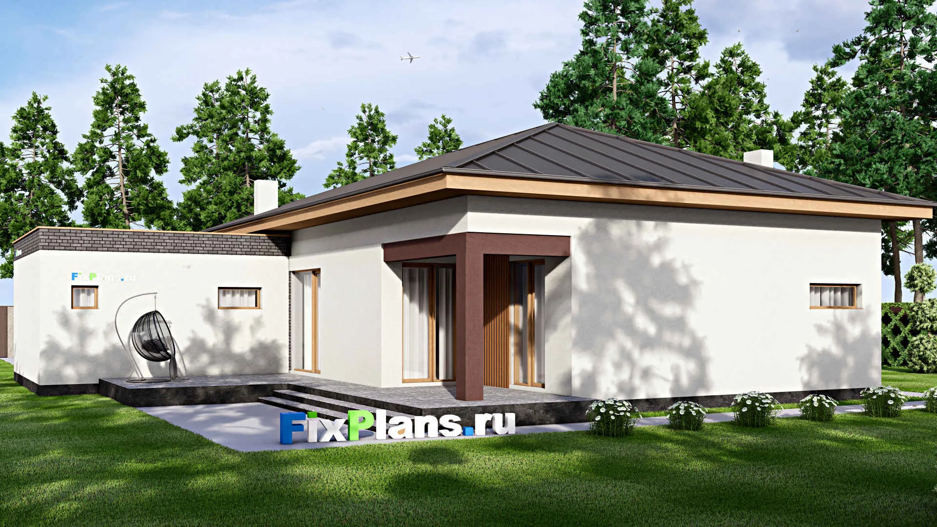 F-16190 - План одноэтажного дома 18 на 18, площадью 220 м² с террасой, гаражом на 2 машины и 3 спальнями