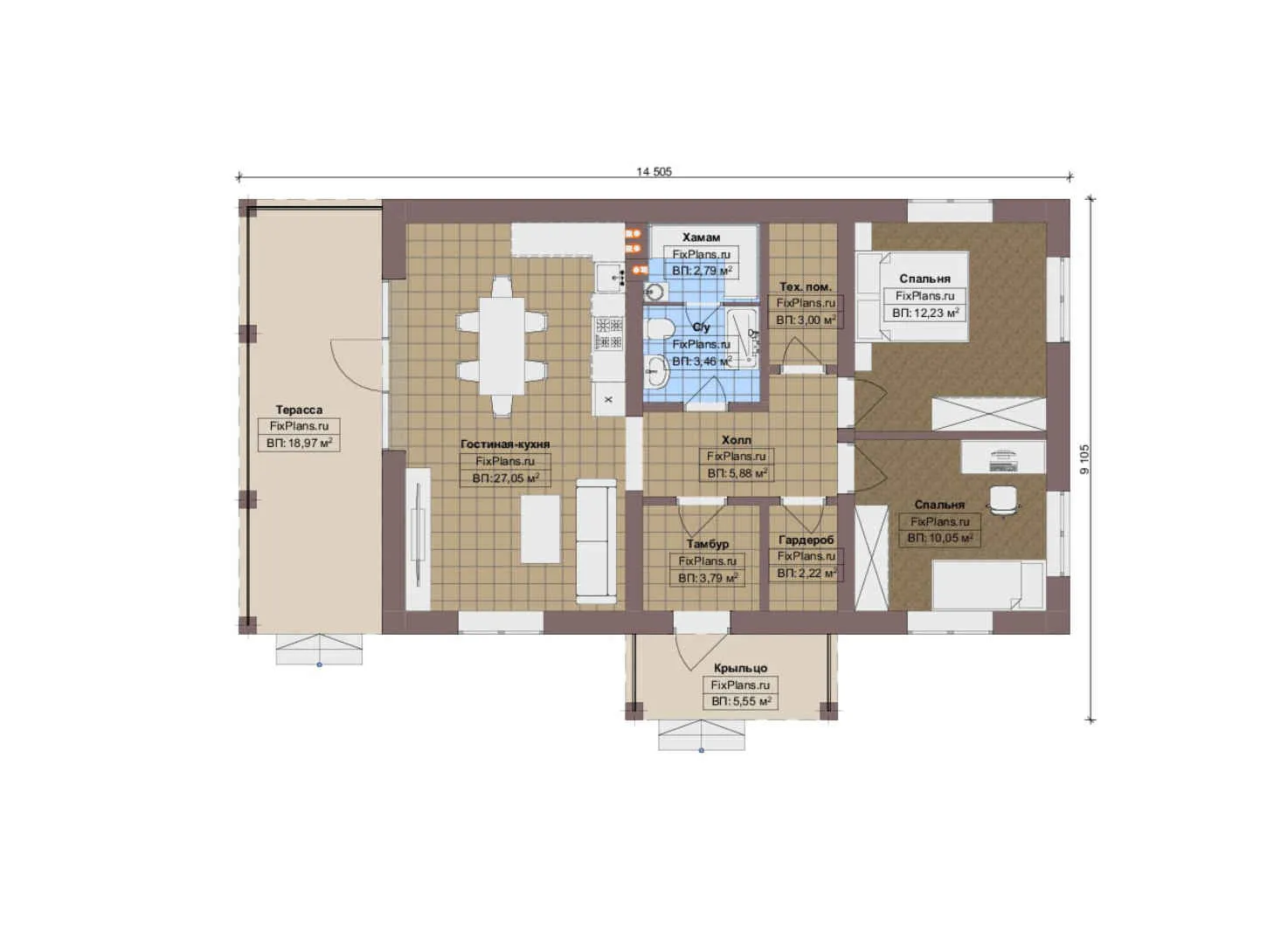 F-13058 - План одноэтажного дома 10 на 15, площадью 100 м² с террасой, баней и 2 спальнями