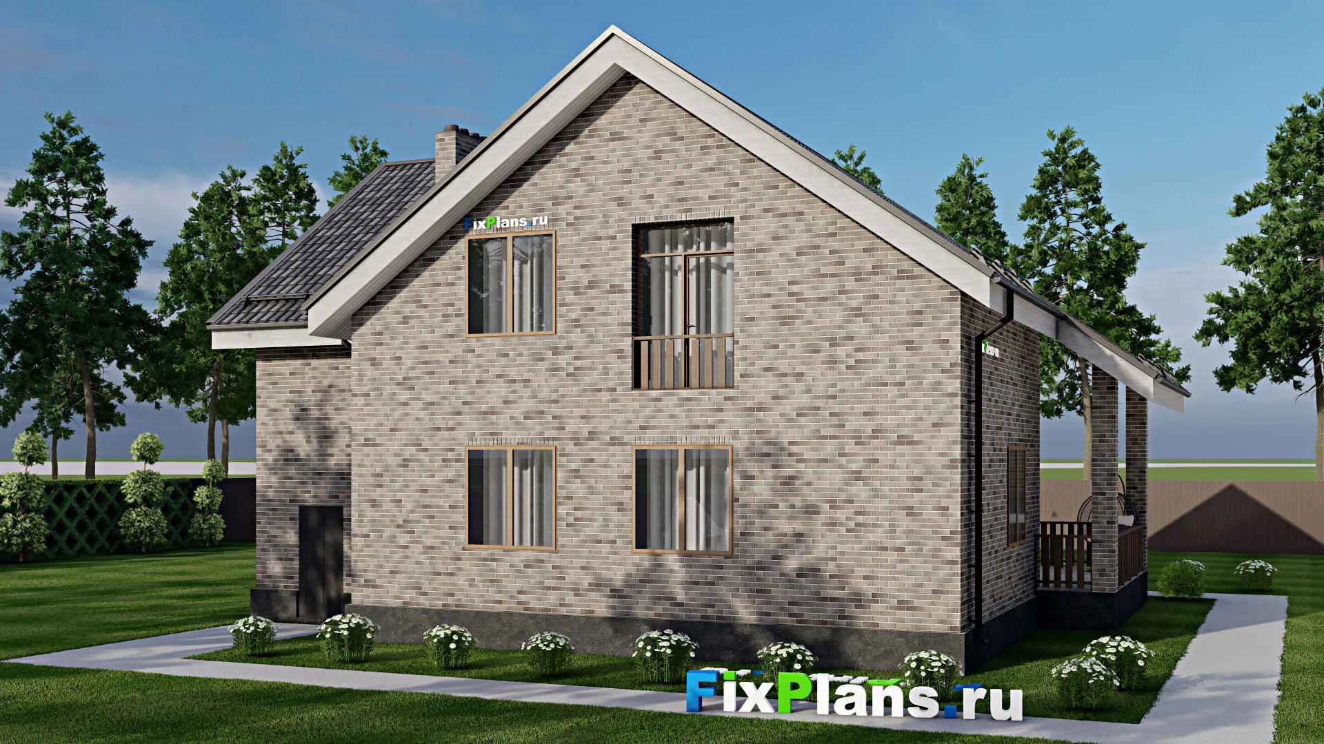 F-2897 - Проект дома с мансардой 13 на 14, площадью 250 м² с террасой, балконом, гаражом на 1 машину и 6 спальнями