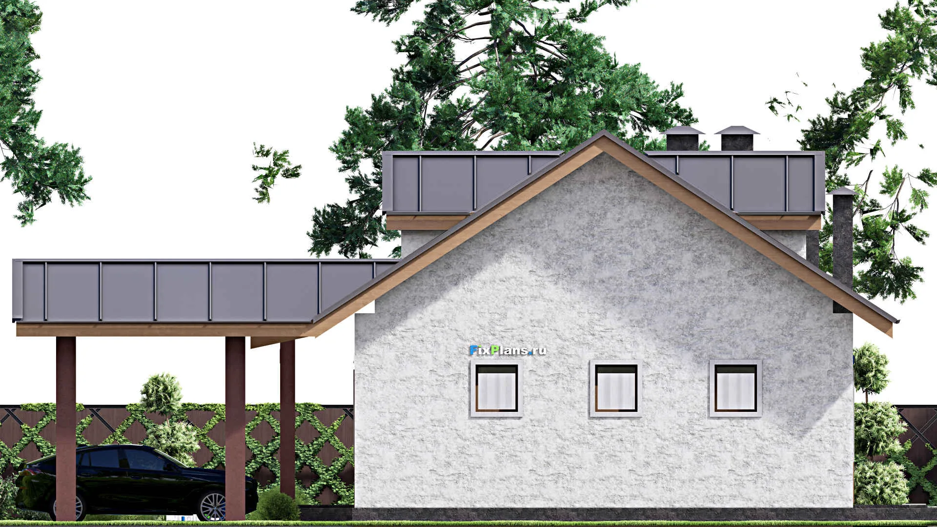 F-14336 - План одноэтажного дома 18 на 21, площадью 200 м² с террасой, баней, гаражом на 2 машины, бассейном и 2 спальнями