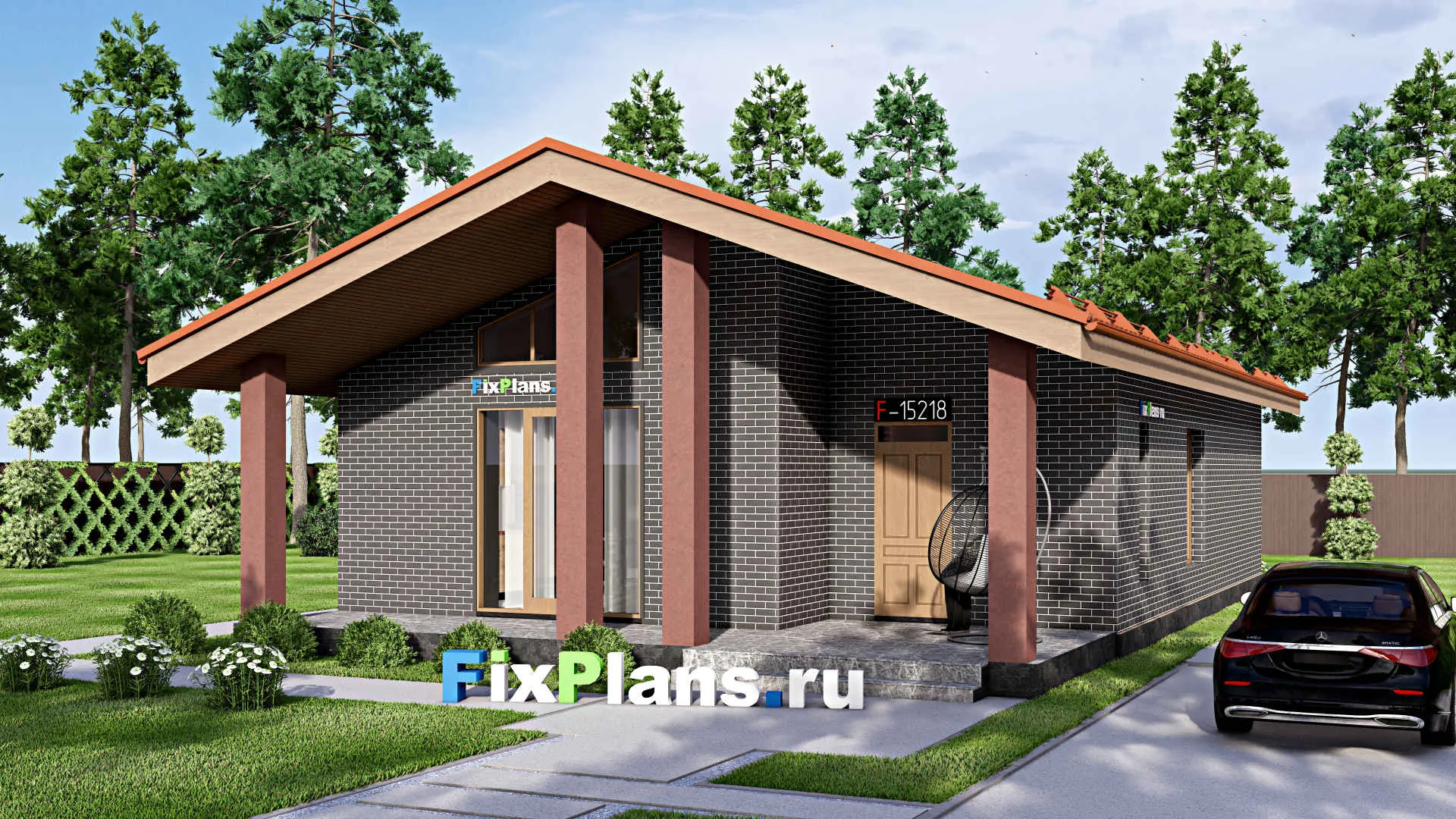 F-15218 - Проект одноэтажного дома 10 на 16, площадью 130 м² с террасой и 3 спальнями