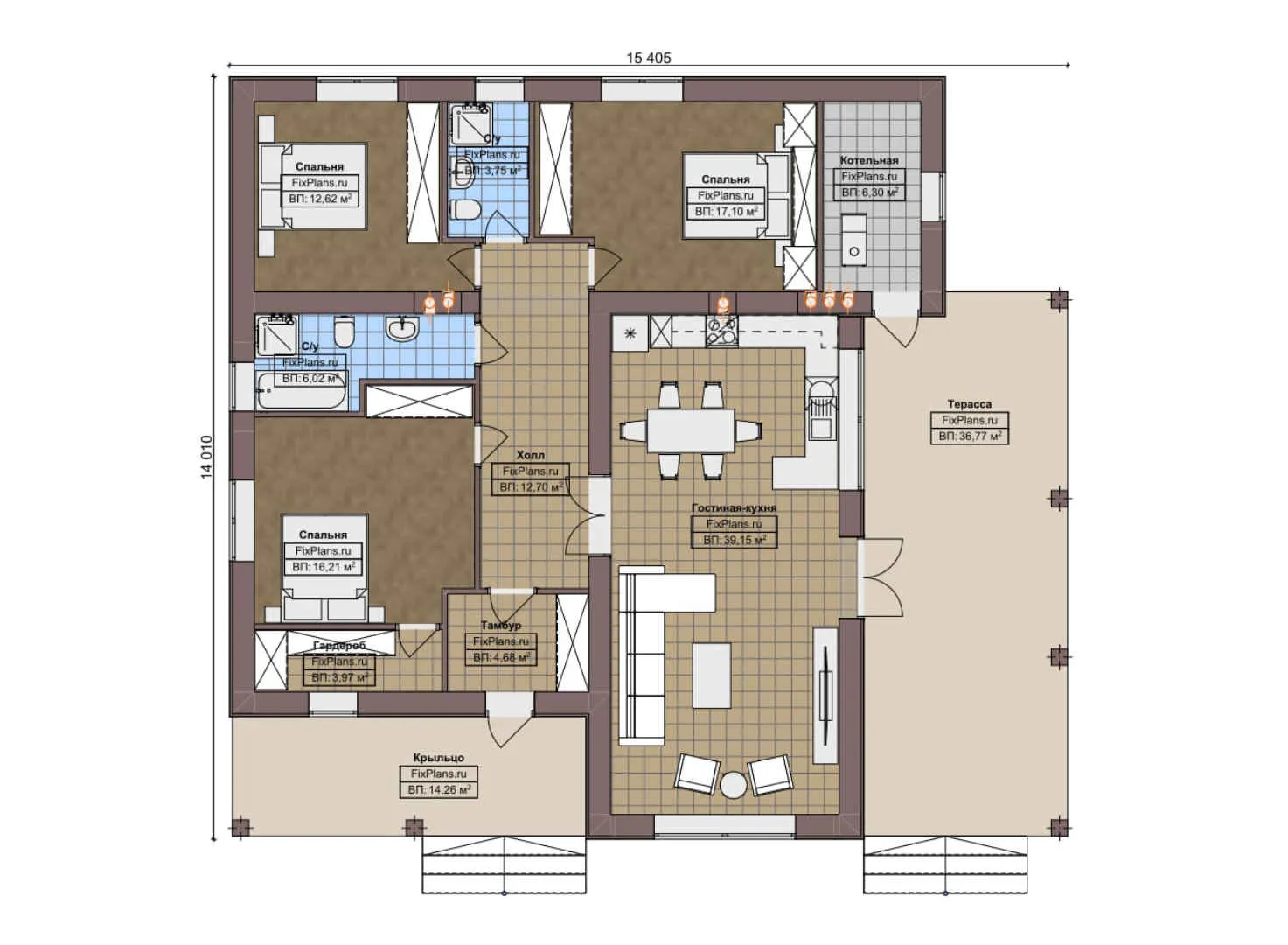 F-8135 - План одноэтажного дома 15 на 16, площадью 180 м² с террасой и 3 спальнями