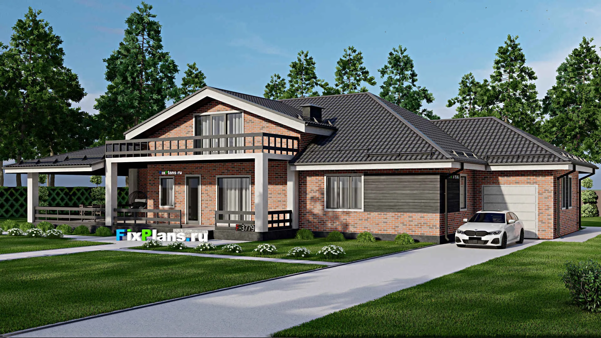 F-3779 - Проект дома с мансардой 15 на 26, площадью 400 м² с террасой, балконом, баней, гаражом на 1 машину и 3 спальнями