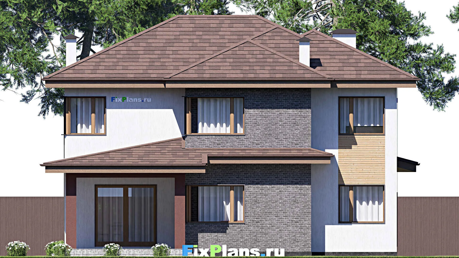 F-17252 - Проект двухэтажного дома 13 на 21, площадью 280 м² с террасой, балконом, баней, гаражом на 2 машины и 3 спальнями