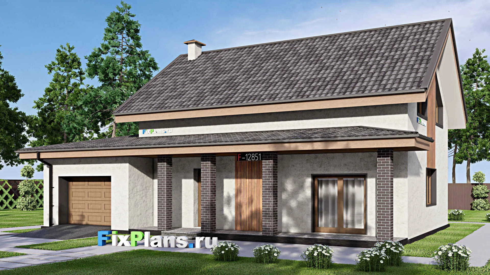 F-12851 - Проект дома с мансардой 10 на 16, площадью 180 м² с гаражом на 1 машину и 4 спальнями