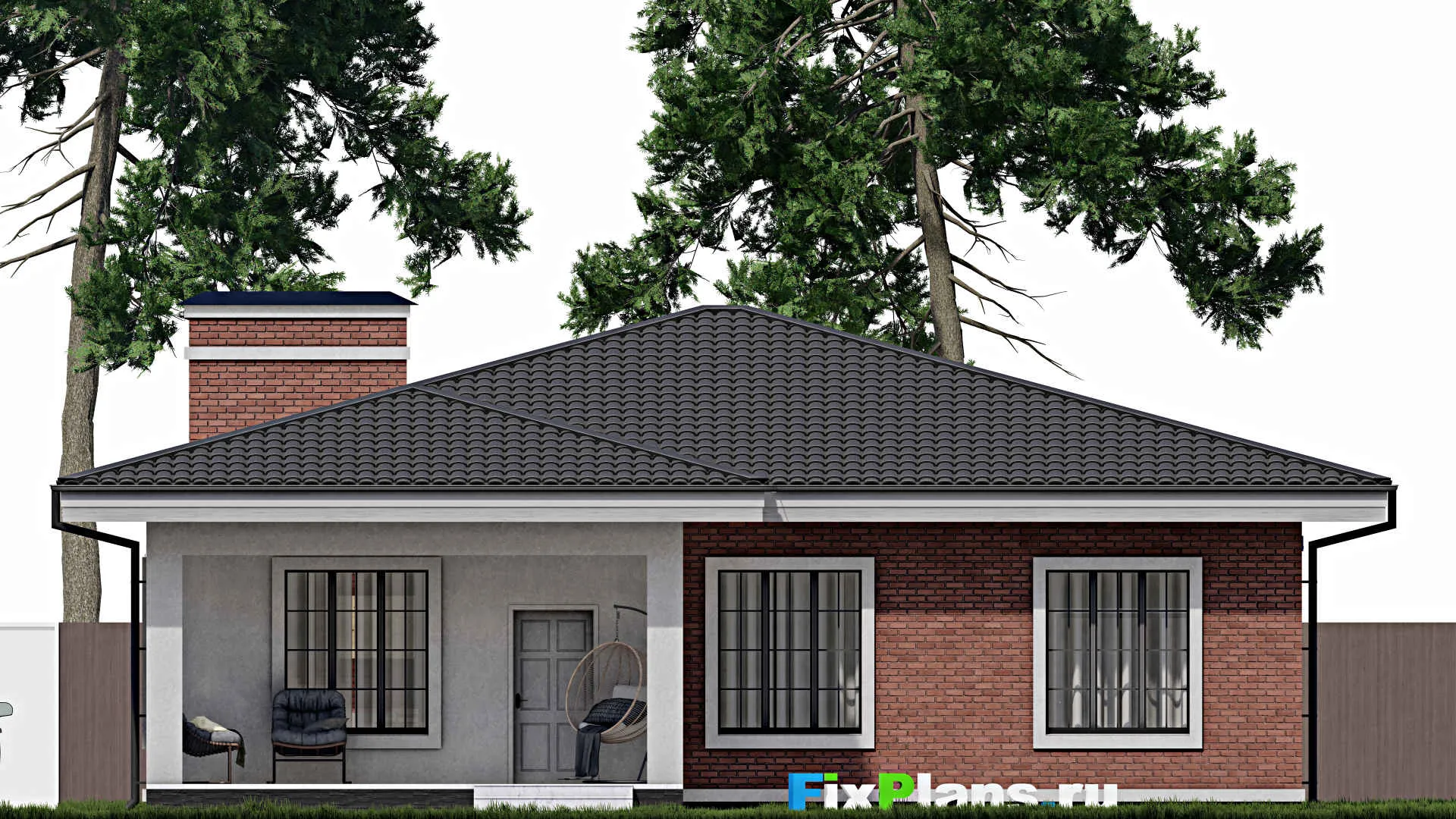 F-0917 - План одноэтажного дома 14 на 14, площадью 180 м² с террасой и 3 спальнями