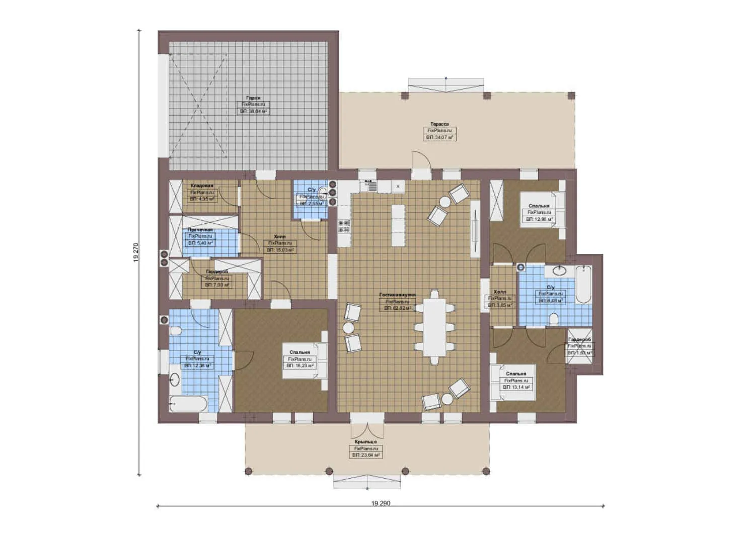 F-16487 - План одноэтажного дома 20 на 20, площадью 270 м² с 3 спальнями
