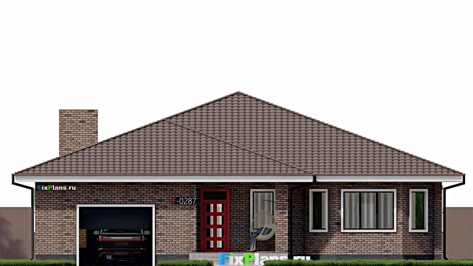 F-0287 - Проект одноэтажного дома 17 на 20, площадью 310 м² с террасой, гаражом на 2 машины и 3 спальнями