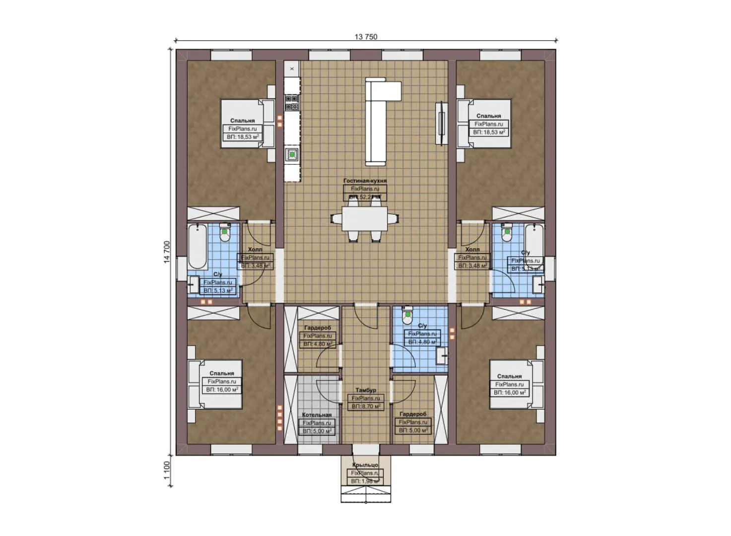 F-7496 - План одноэтажного дома 14 на 15, площадью 170 м² с 4 спальнями