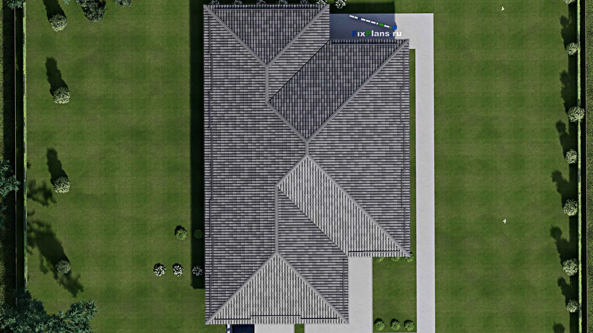 F-10295 - Проект одноэтажного дома 16 на 25, площадью 290 м² с террасой, баней, гаражом на 2 машины и 3 спальнями