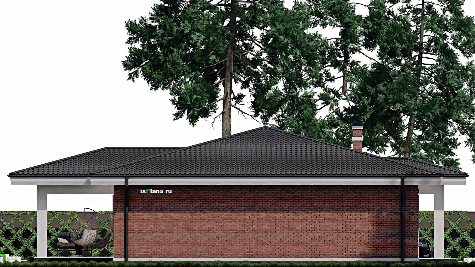 F-0917 - План одноэтажного дома 14 на 14, площадью 180 м² с террасой и 3 спальнями