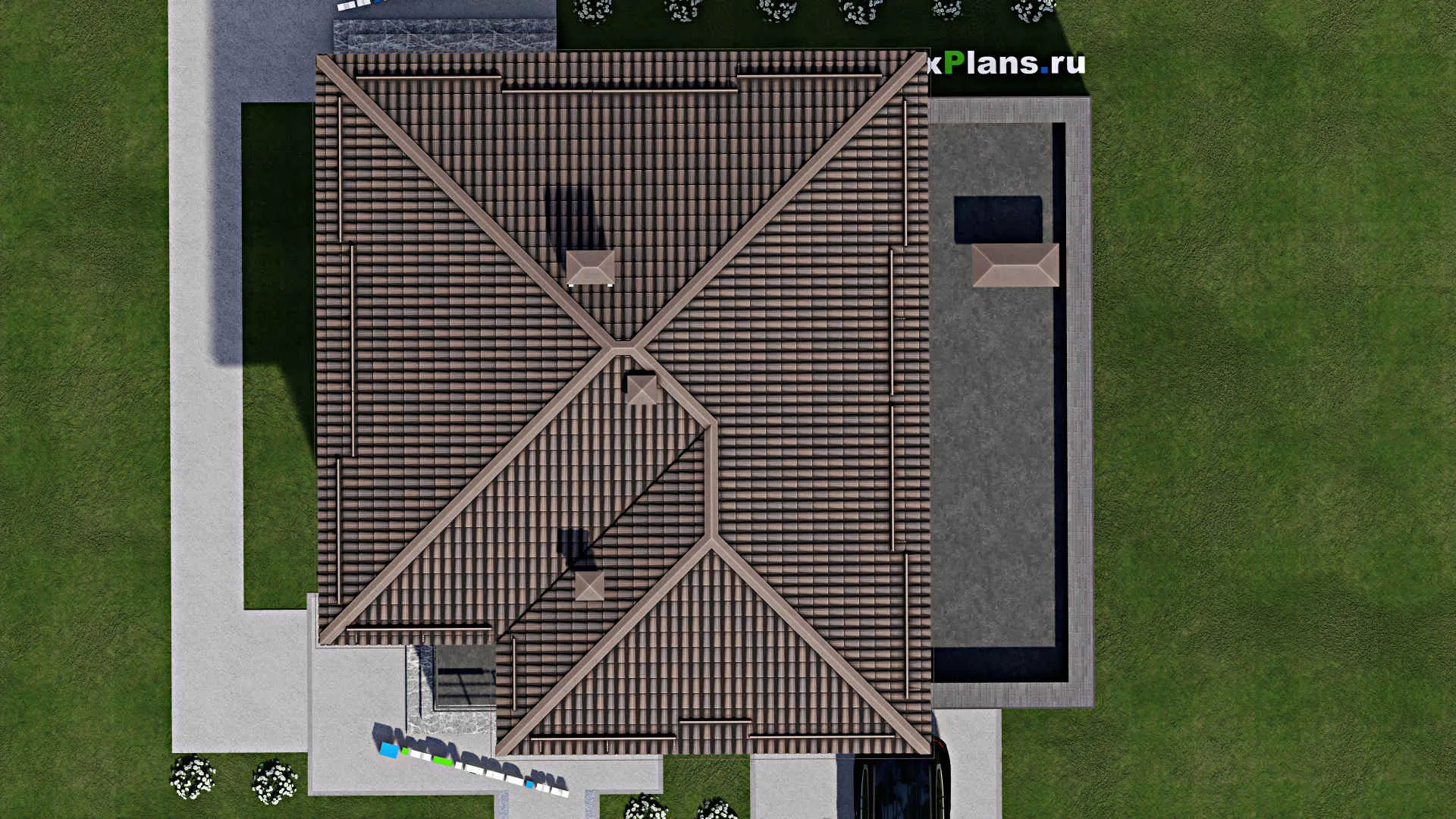 F-8594 - Проект двухэтажного дома 13 на 17, площадью 300 м² с террасой, балконом, гаражом на 2 машины и 4 спальнями