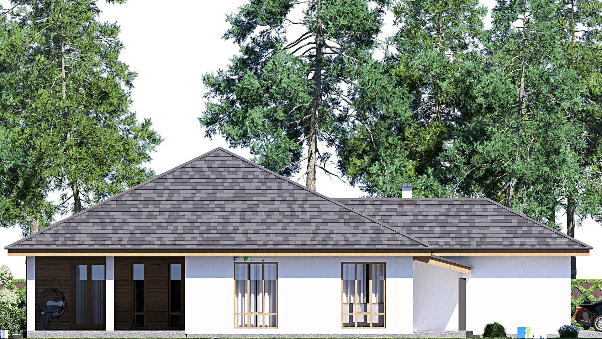 F-19250 - План одноэтажного дома 17 на 23, площадью 260 м² с террасой, гаражом на 2 машины и 4 спальнями