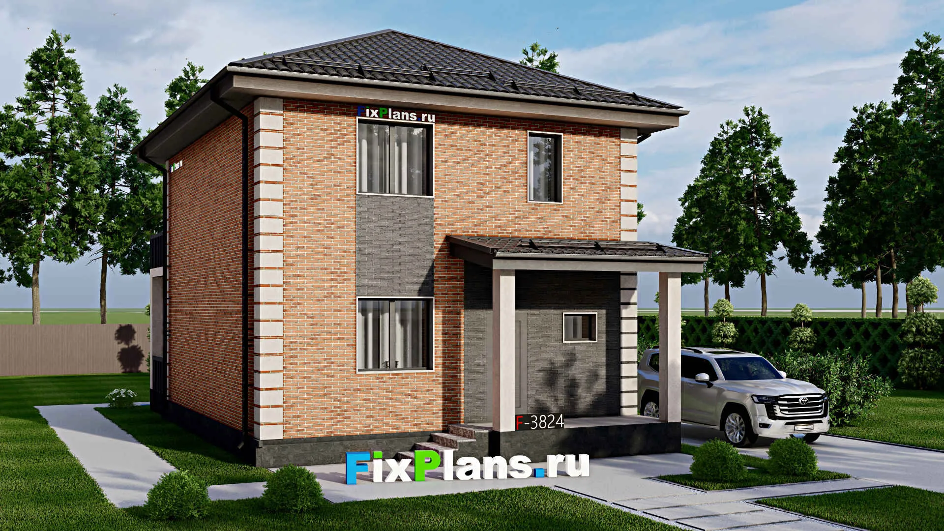 F-3824 - Проект двухэтажного дома 8 на 11, площадью 130 м² с террасой, балконом и 3 спальнями