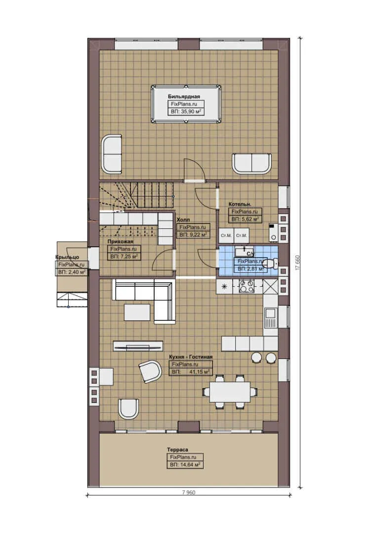 F-1538 - Планы дома с мансардой 8 на 18, площадью 230 м² с террасой, балконом и 4 спальнями