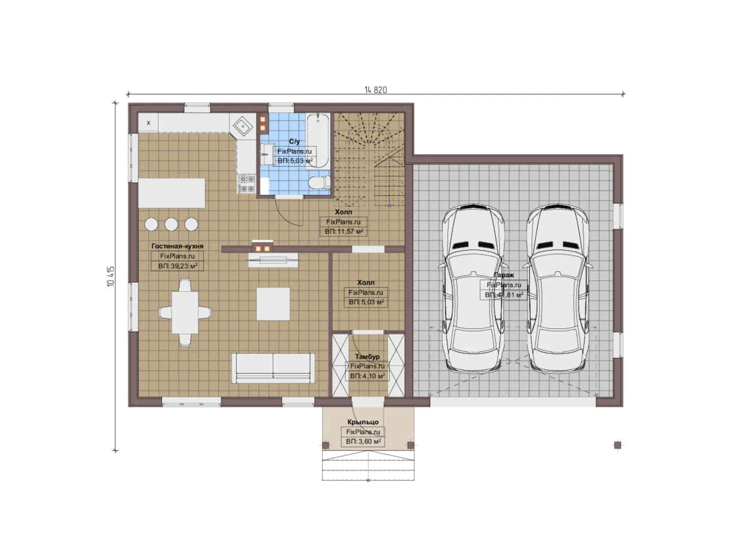 F-13463 - Планы двухэтажного дома 11 на 15, площадью 190 м² с балконом, гаражом на 2 машины и 3 спальнями