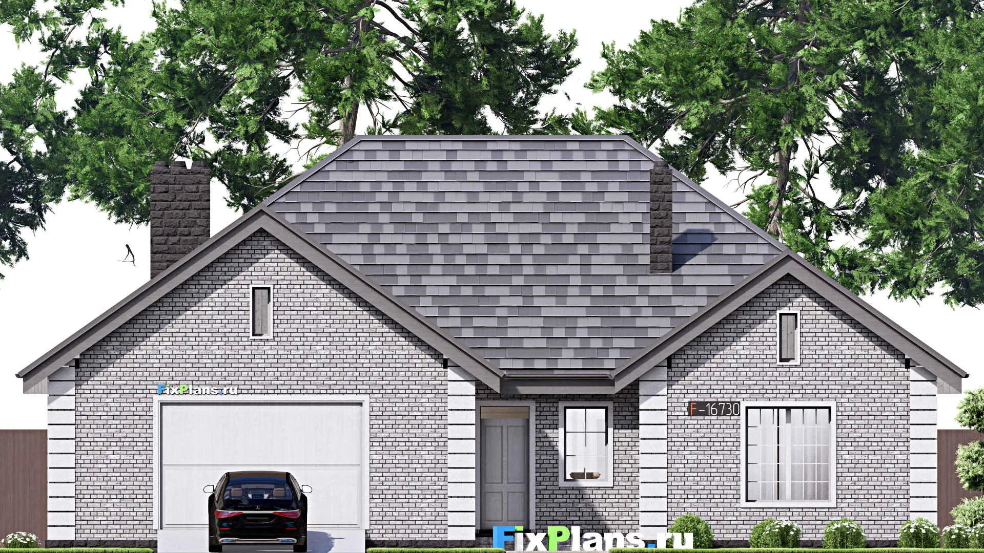 F-16730 - Проект одноэтажного дома 18 на 19, площадью 210 м² с террасой, гаражом на 2 машины и 4 спальнями