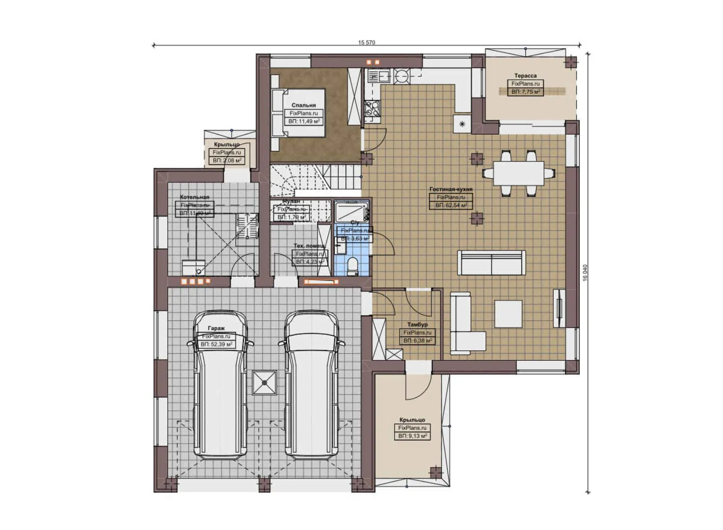 F-10277 - Планы двухэтажного дома 16 на 17, площадью 300 м² с террасой, балконом, баней, гаражом на 2 машины и 5 спальнями