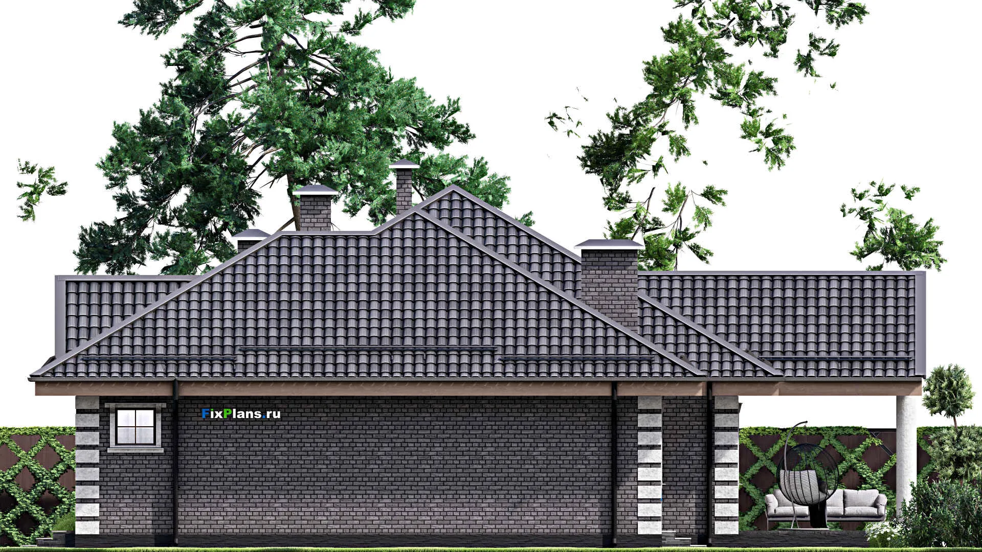 F-13157 - Проект одноэтажного дома 17 на 22, площадью 230 м² с террасой, гаражом на 2 машины и 3 спальнями