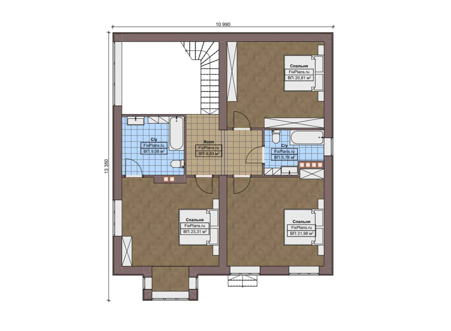 F-10547 - Планы двухэтажного дома 11 на 14, площадью 200 м² с баней и 4 спальнями