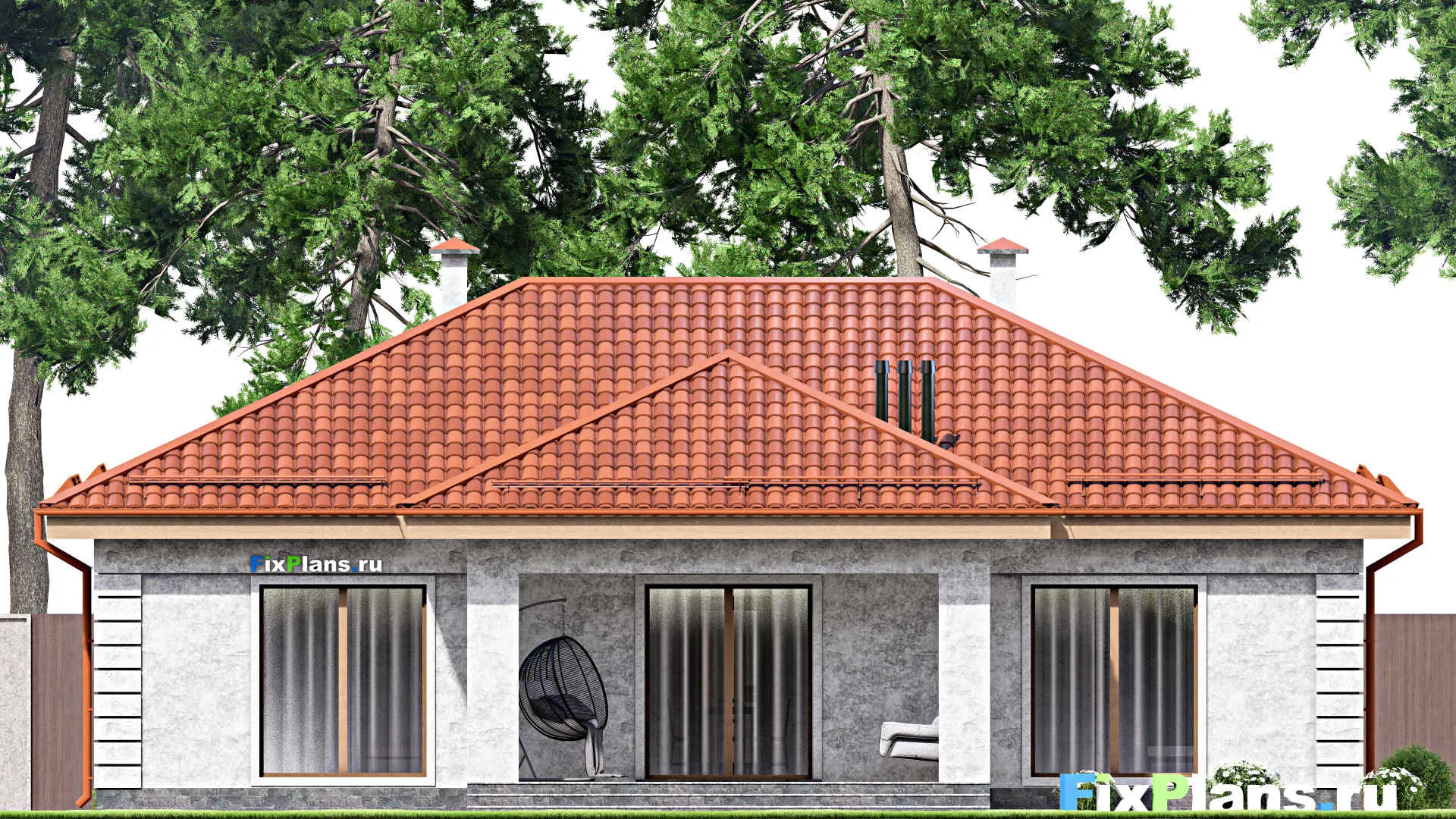 F-13904 - План одноэтажного дома 15 на 15, площадью 150 м² с террасой и 3 спальнями