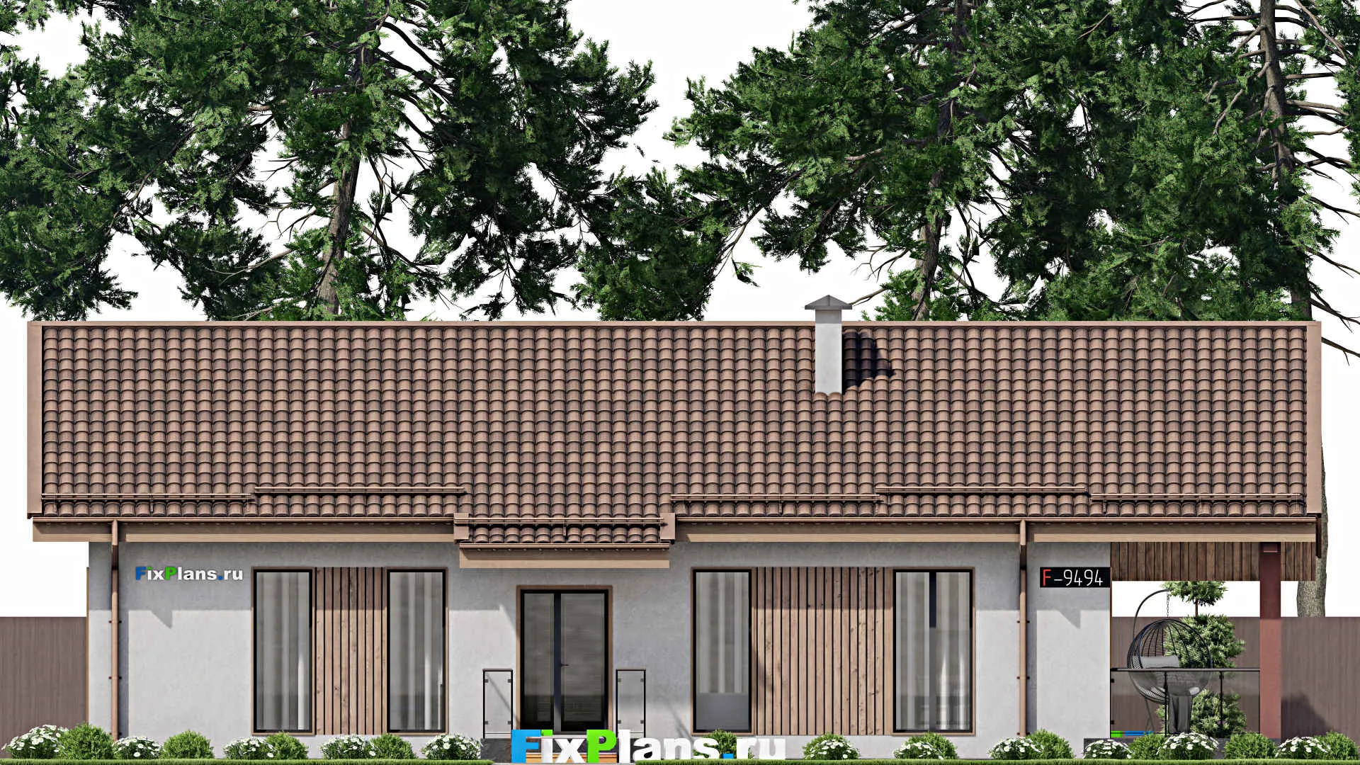 F-9494 - Проект одноэтажного дома 13 на 18, площадью 260 м² с террасой, цокольным этажом и 2 спальнями