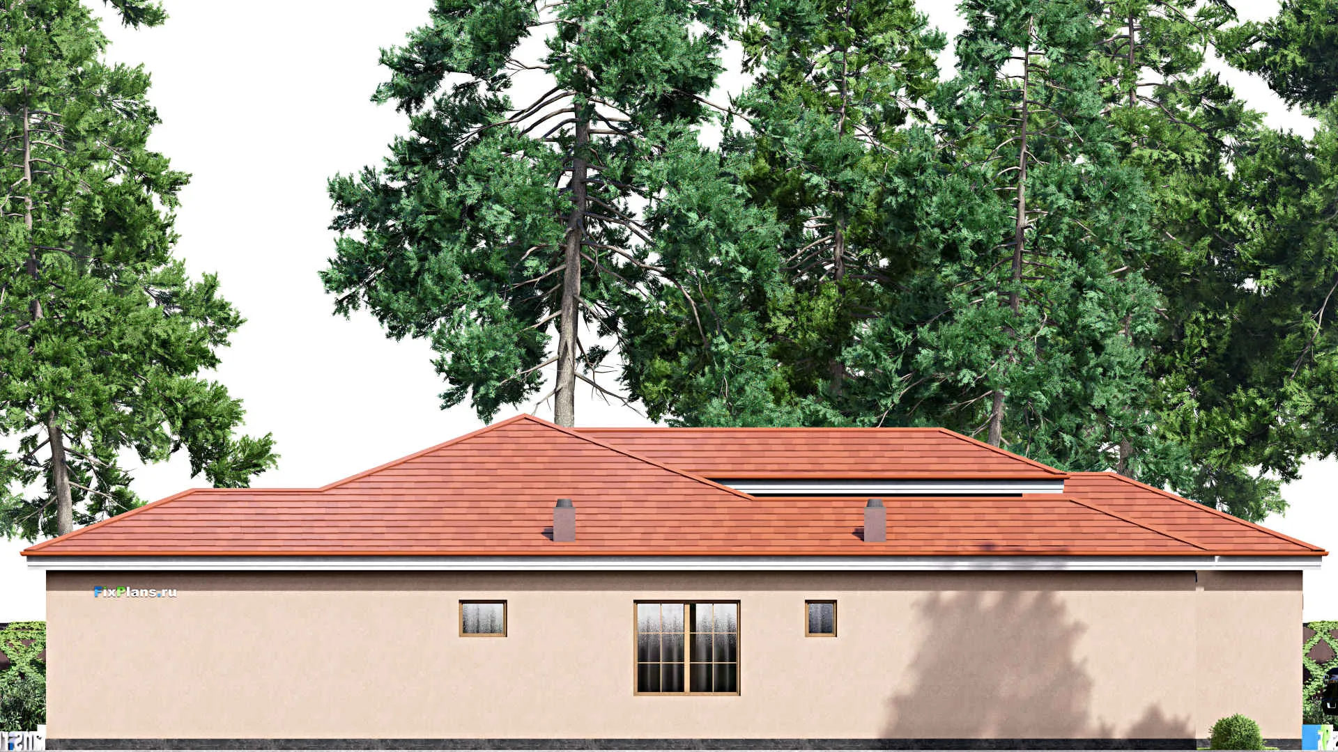 F-16856 - План одноэтажного дома 15 на 24, площадью 240 м² с террасой, гаражом на 2 машины и 4 спальнями