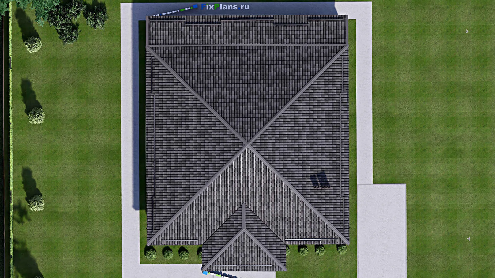 F-13526 - План одноэтажного дома 16 на 21, площадью 250 м² с террасой и 4 спальнями