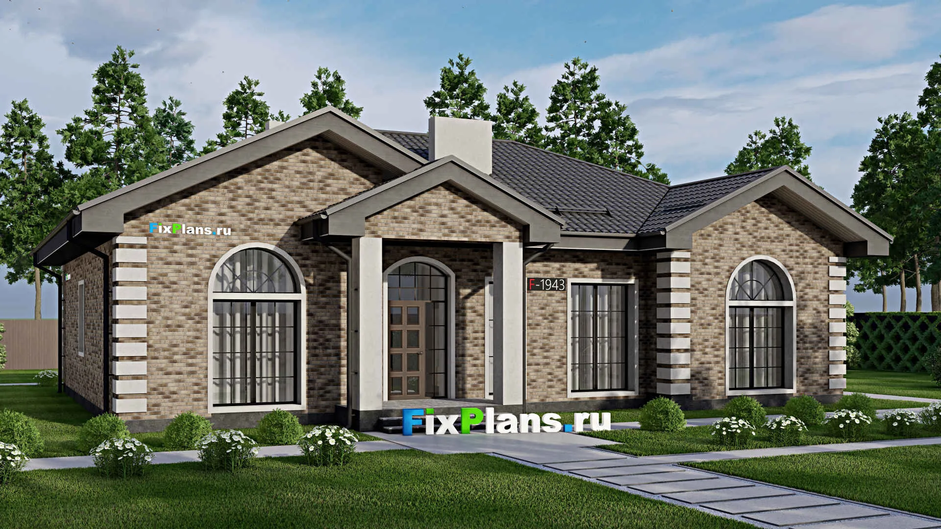 F-1943 - Проект одноэтажного дома 14 на 18, площадью 200 м² с террасой и 4 спальнями