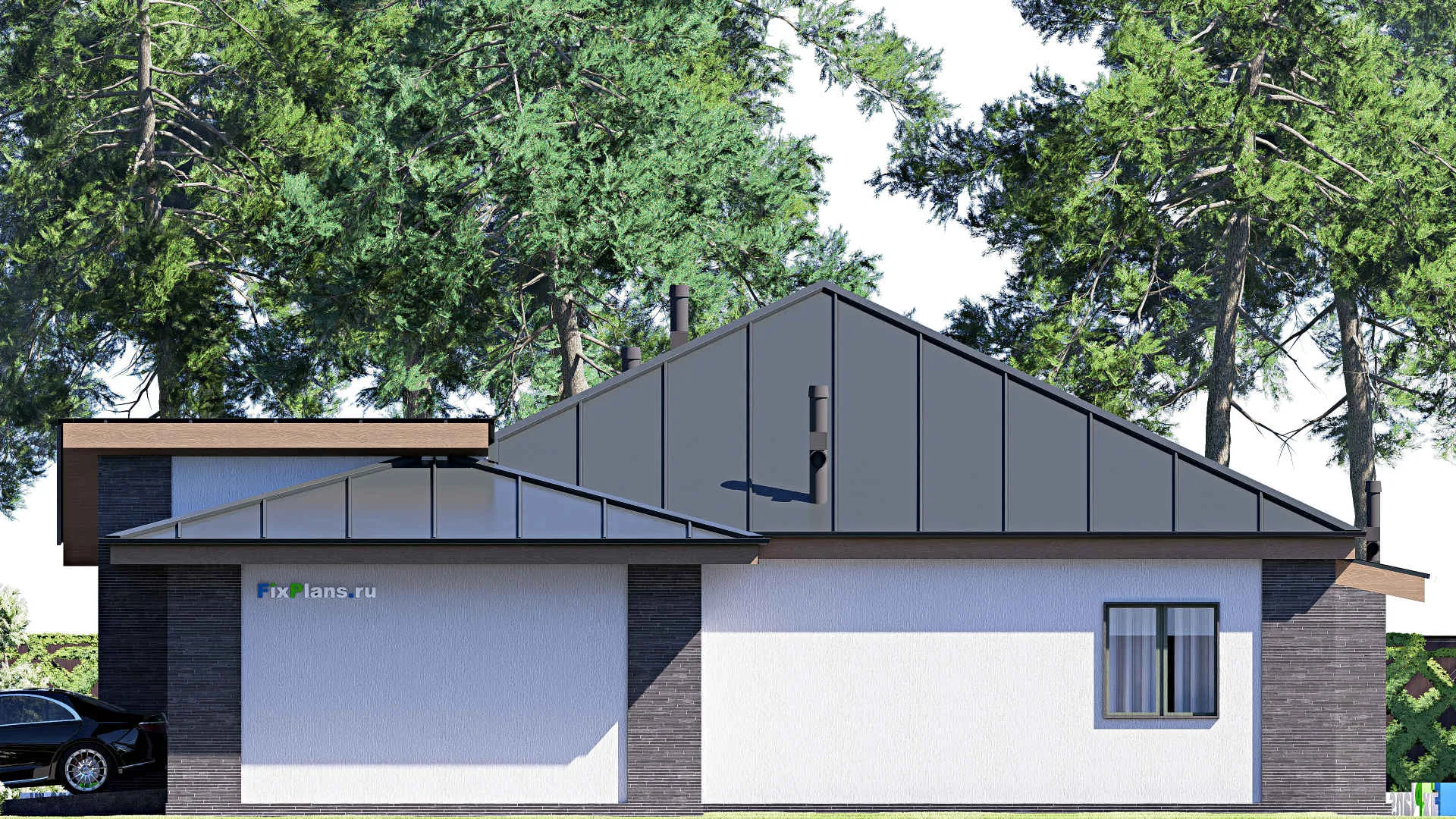 F-20465 - Проект одноэтажного дома 17 на 18, площадью 200 м² с террасой, гаражом на 2 машины и 3 спальнями