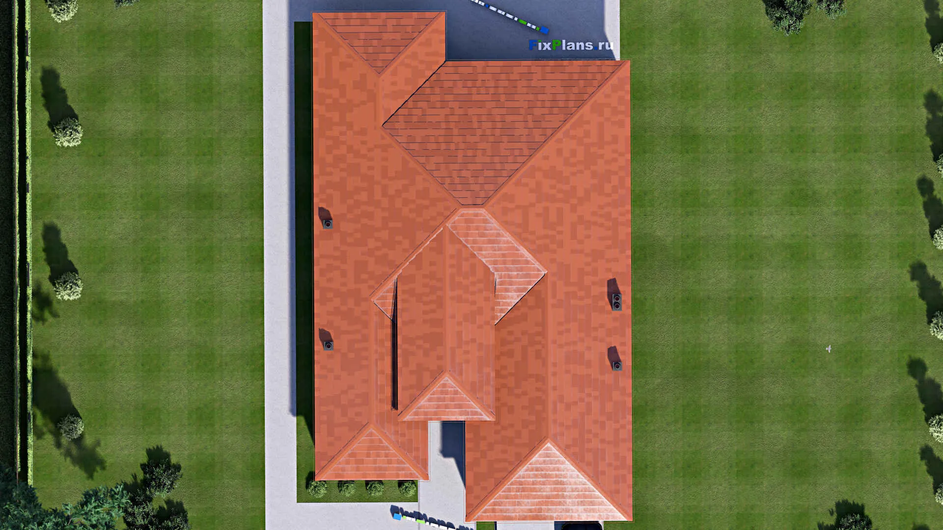 F-16856 - План одноэтажного дома 15 на 24, площадью 240 м² с террасой, гаражом на 2 машины и 4 спальнями