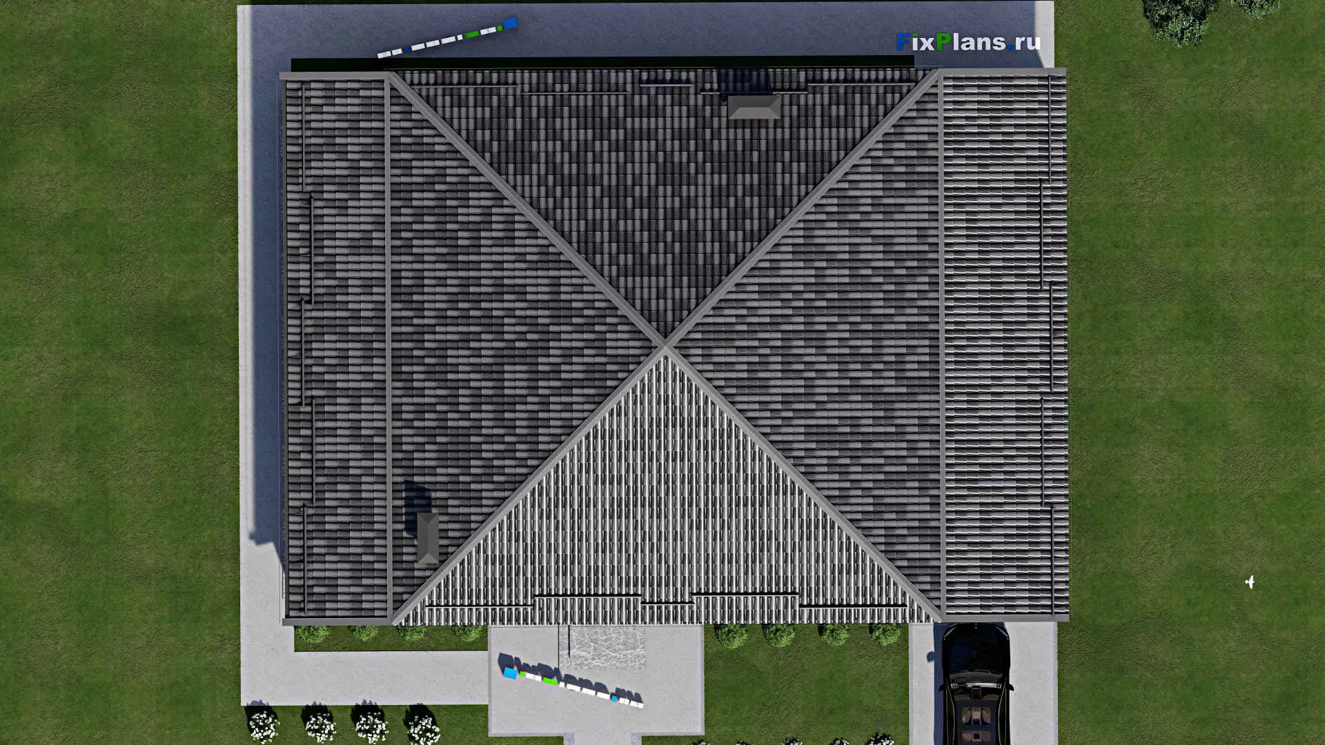 F-6839 - Проект одноэтажного дома 14 на 14, площадью 270 м² с террасой и 3 спальнями