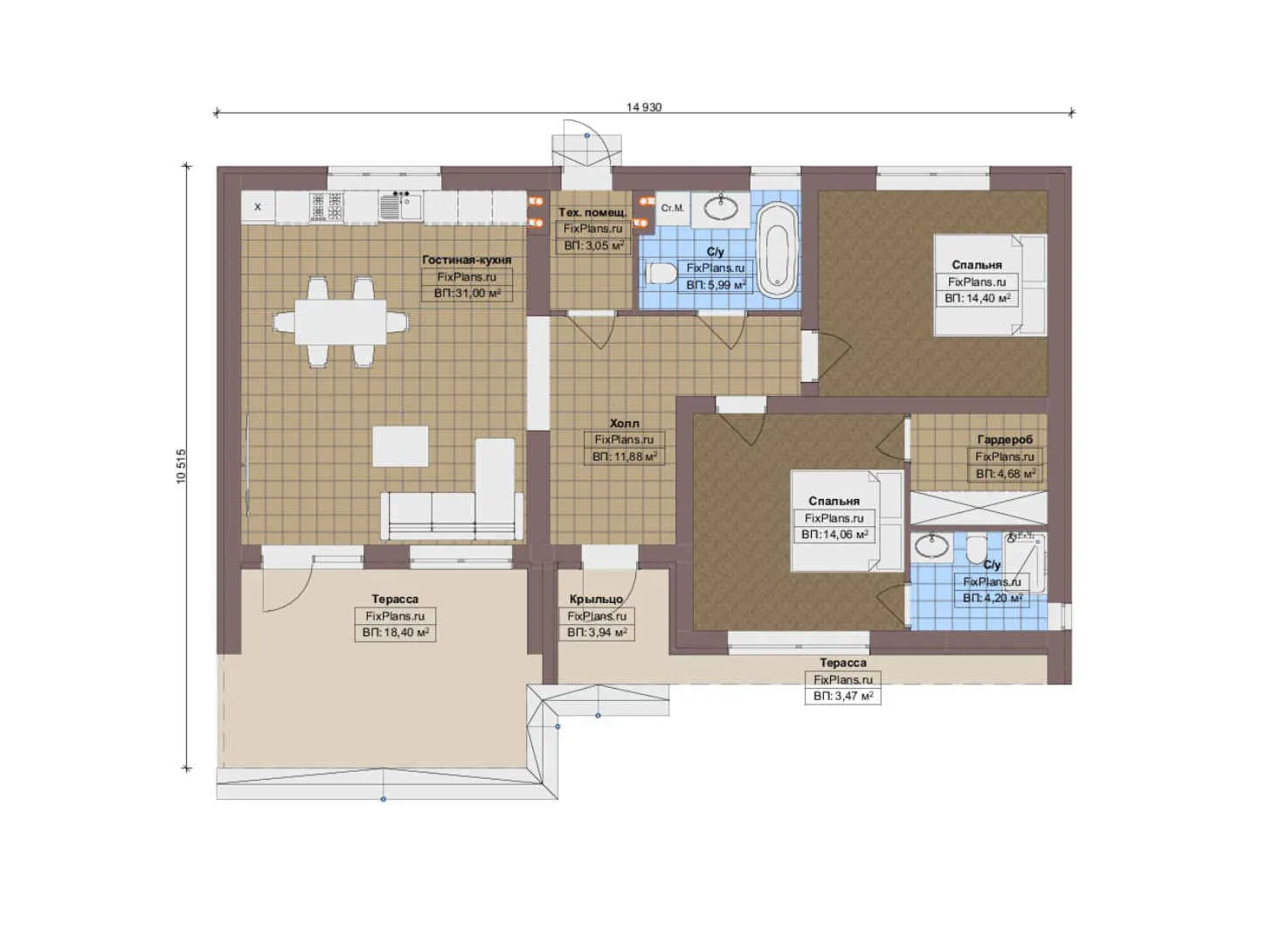 F-14444 - План одноэтажного дома 11 на 15, площадью 120 м² с террасой и 2 спальнями