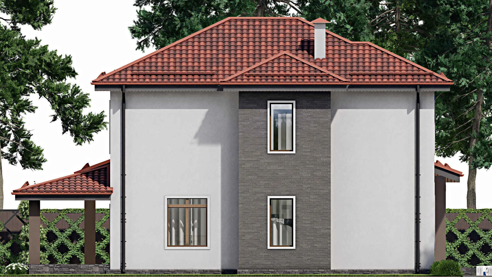 F-4247 - Проект двухэтажного дома 15 на 16, площадью 200 м² с террасой, гаражом на 1 машину и 4 спальнями