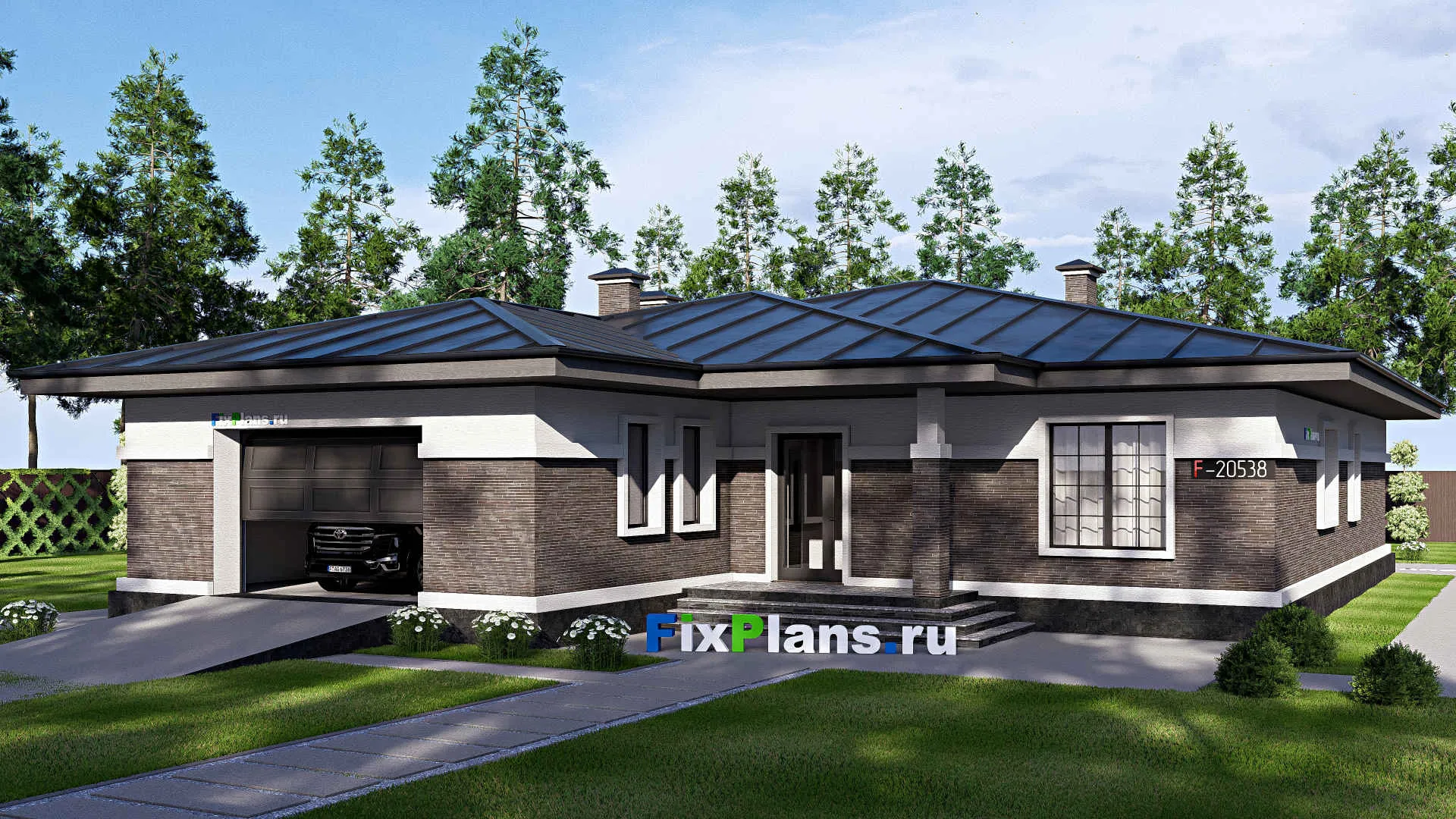 F-20528 - Проект одноэтажного дома 17 на 22, площадью 260 м² с террасой, гаражом на 2 машины и 3 спальнями