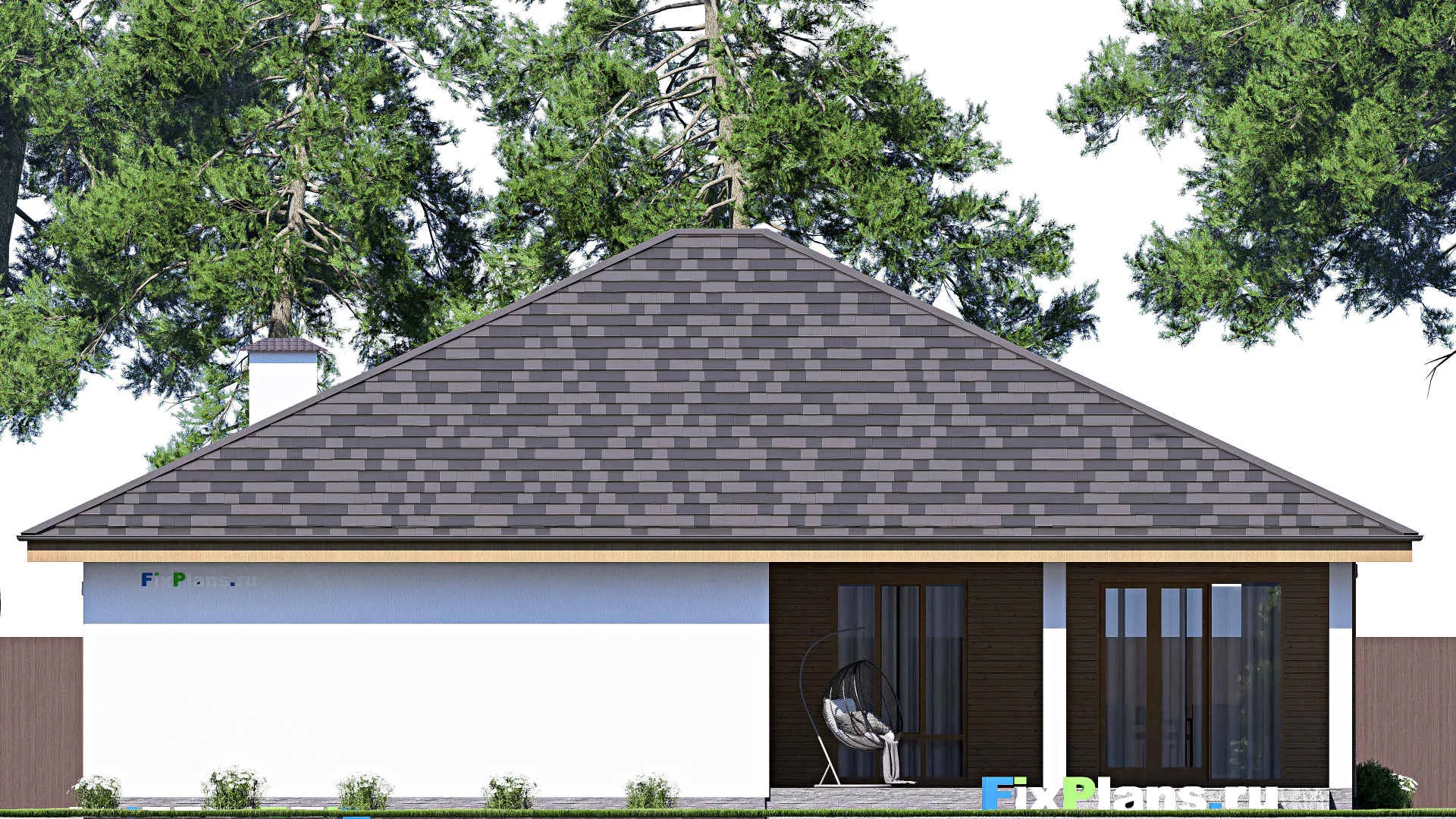 F-19250 - План одноэтажного дома 17 на 23, площадью 260 м² с террасой, гаражом на 2 машины и 4 спальнями