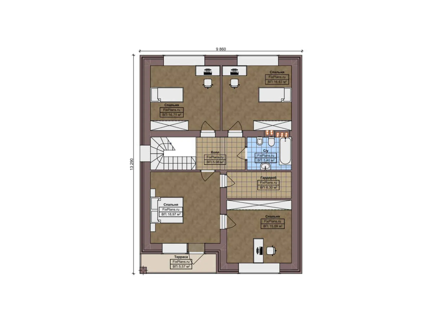 F-10637 - Планы дома с мансардой 10 на 17, площадью 210 м² с террасой и 5 спальнями