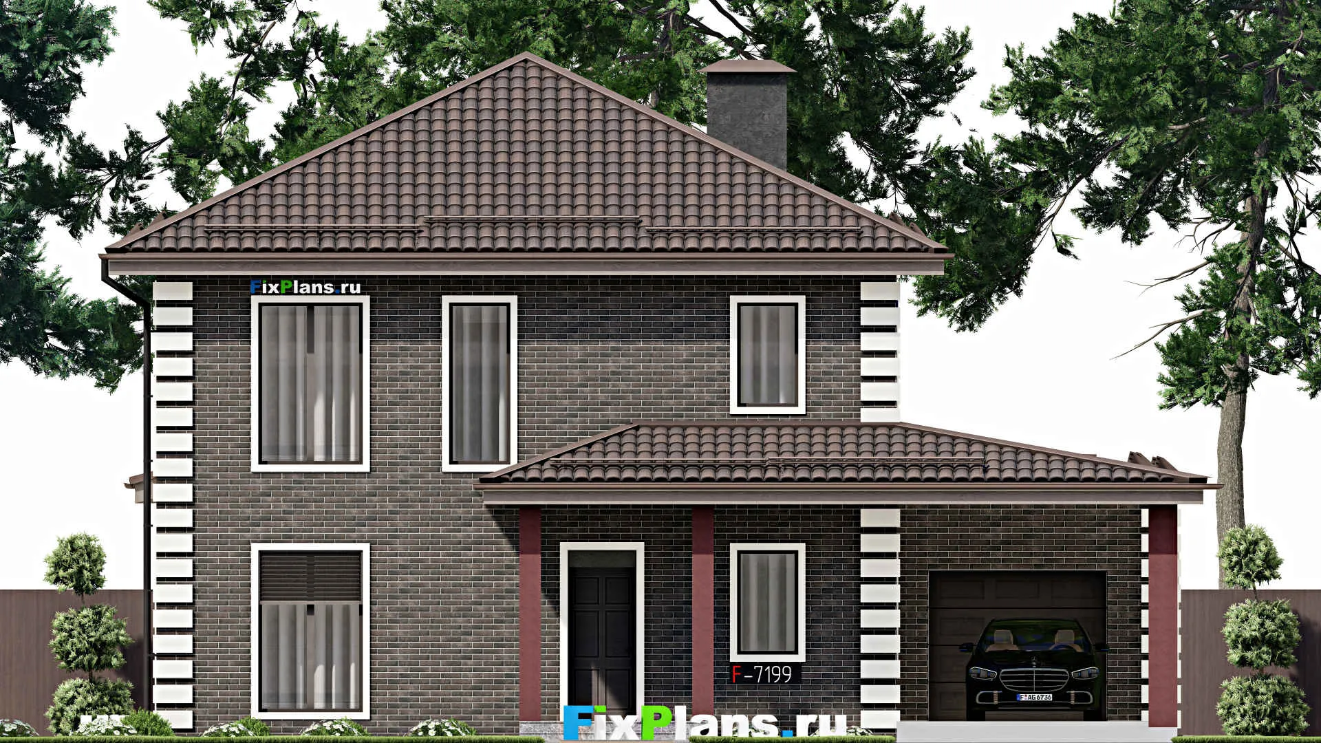 F-7199 - Проект двухэтажного дома 15 на 15, площадью 240 м² с террасой, гаражом на 1 машину и 4 спальнями
