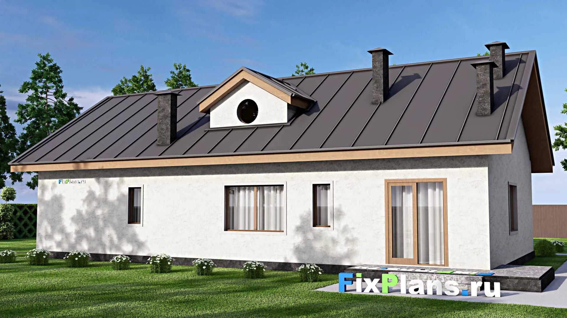 F-14336 - План одноэтажного дома 18 на 21, площадью 200 м² с террасой, баней, гаражом на 2 машины, бассейном и 2 спальнями