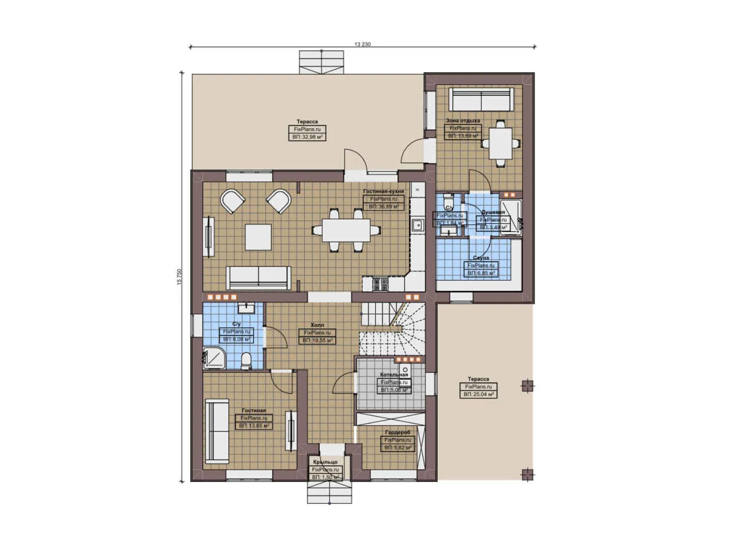 F-10106 - Планы дома с мансардой 14 на 16, площадью 260 м² с террасой, баней и 3 спальнями