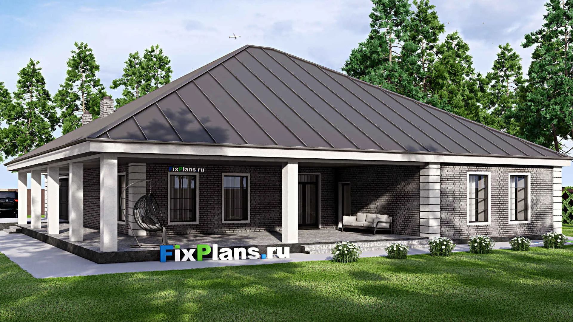 F-16946 - Проект одноэтажного дома 21 на 28, площадью 420 м² с террасой, гаражом на 2 машины и 3 спальнями