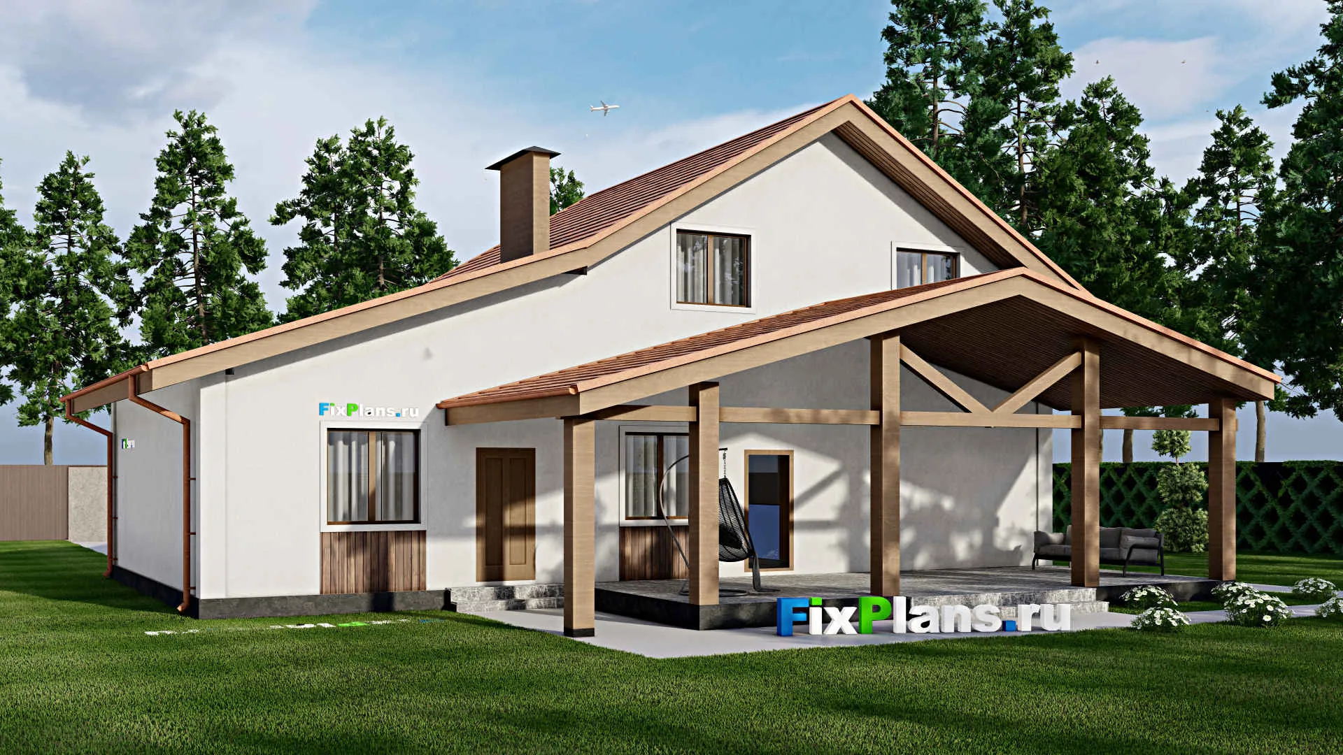 F-9422 - Проект дома с мансардой 15 на 16, площадью 220 м² с террасой, гаражом на 1 машину и 3 спальнями