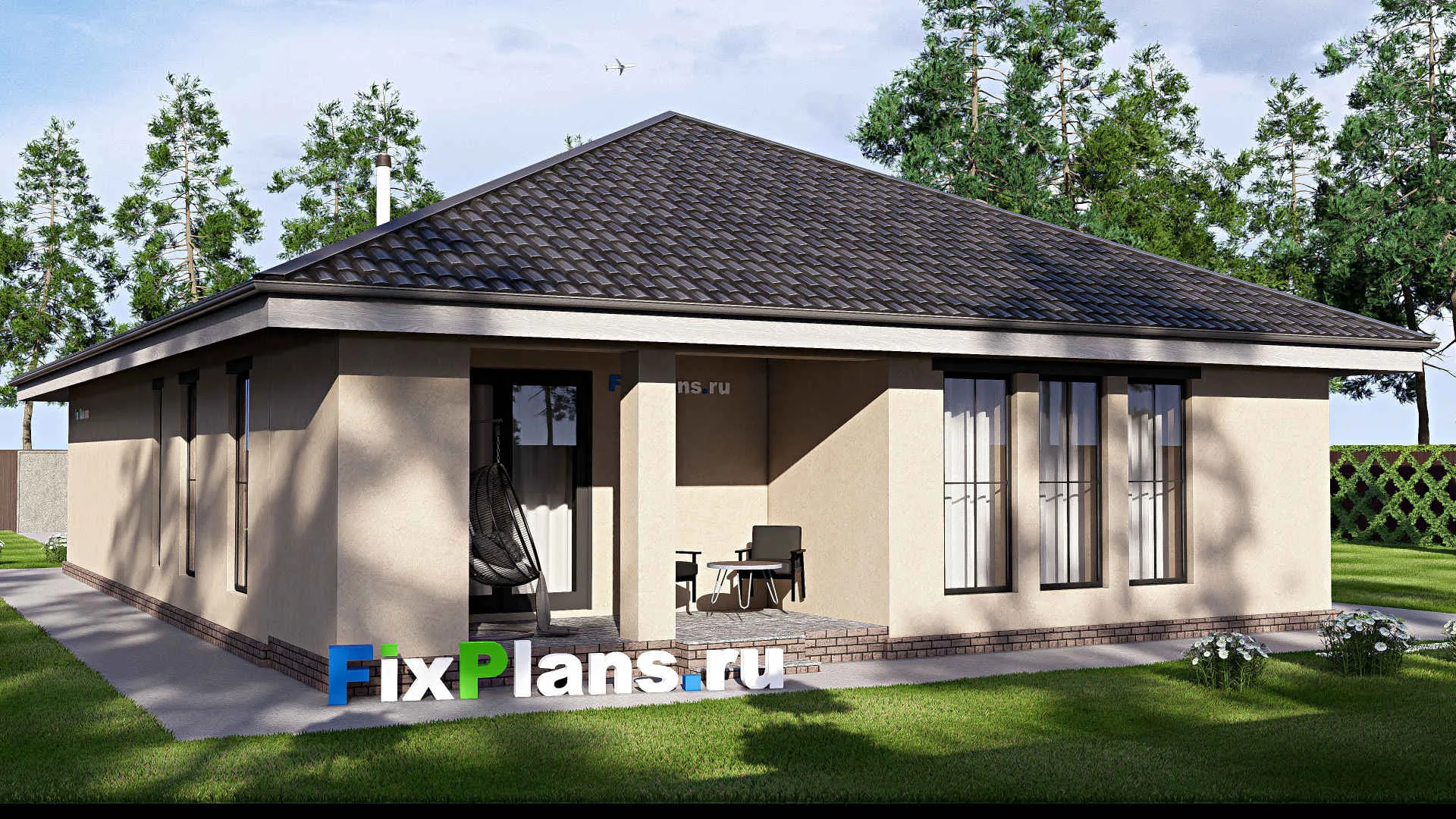 F-20438 - План одноэтажного дома 13 на 20, площадью 200 м² с террасой, гаражом на 1 машину и 3 спальнями