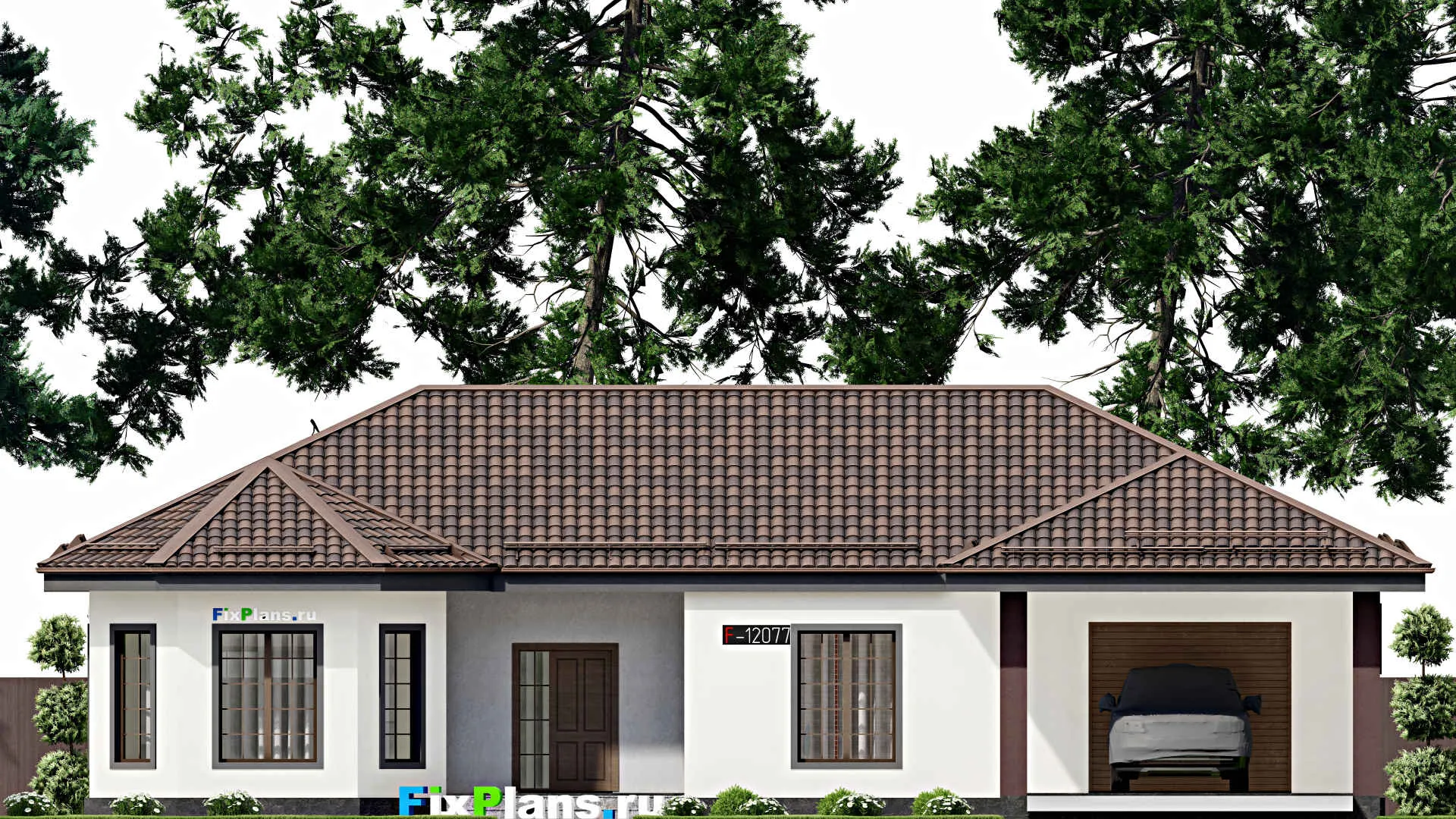 F-12077 - Проект одноэтажного дома 20 на 20, площадью 220 м² с террасой, гаражом на 2 машины и 2 спальнями