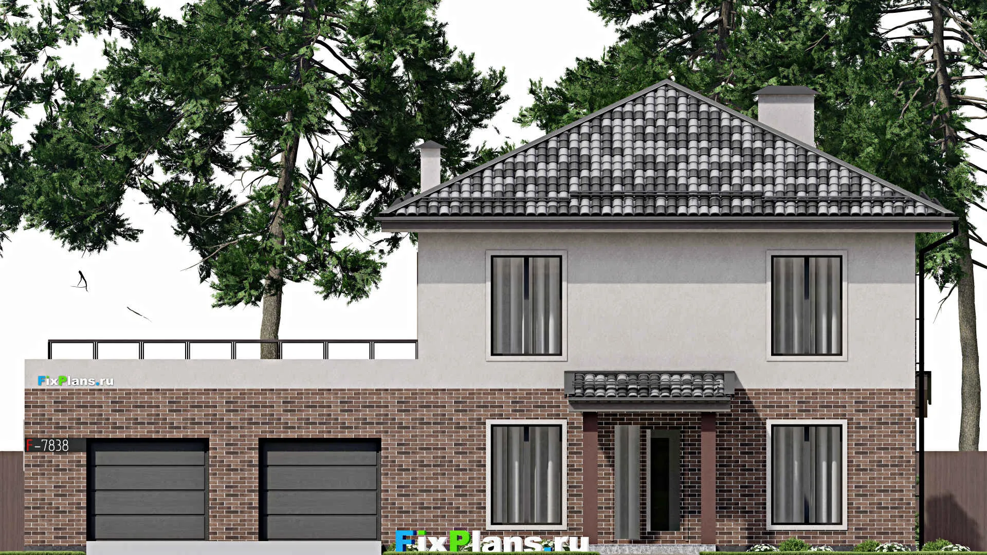 F-7838 - Проект двухэтажного дома 11 на 19, площадью 350 м² с террасой, балконом, гаражом на 2 машины и 4 спальнями