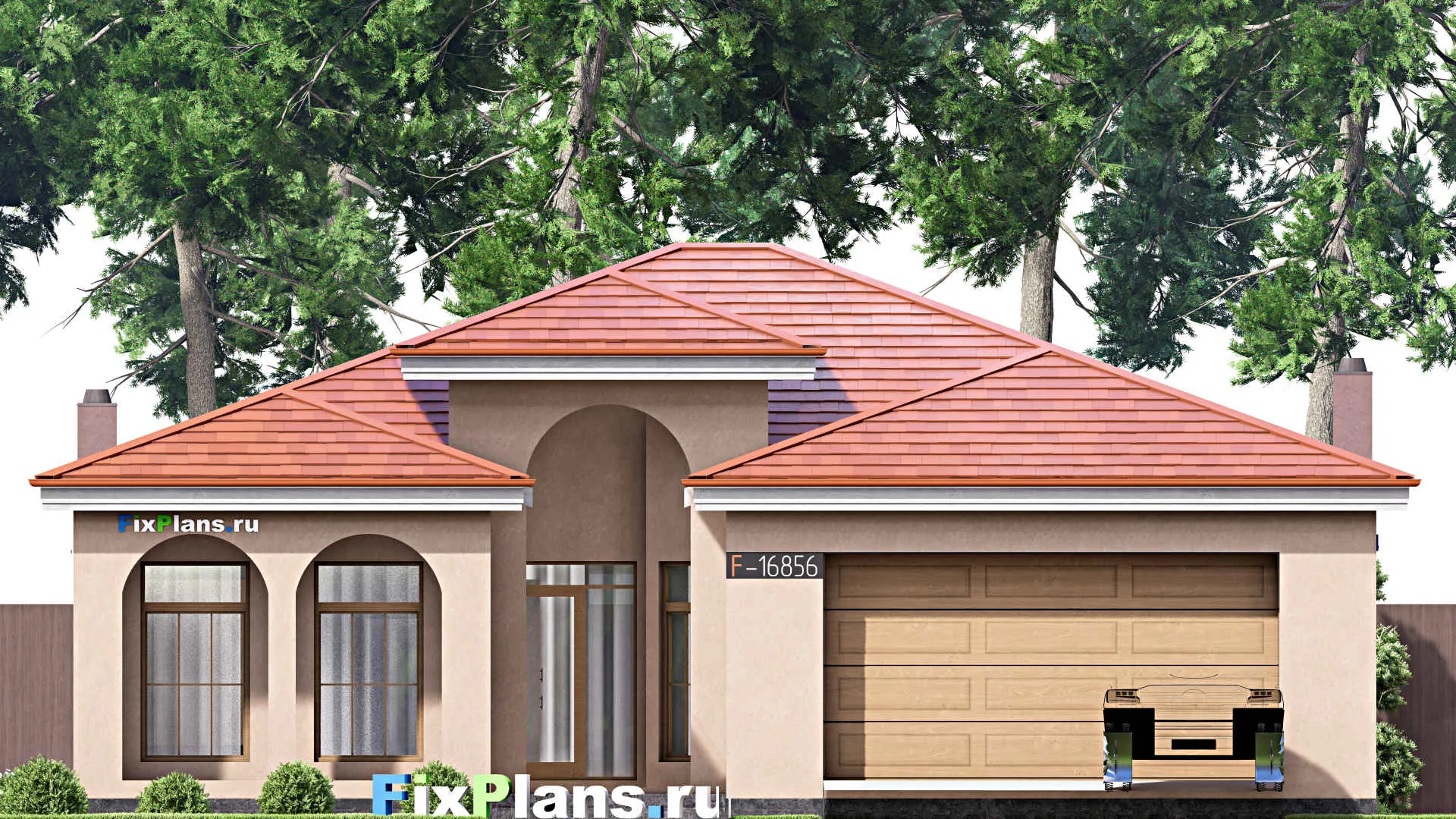 F-16856 - План одноэтажного дома 15 на 24, площадью 240 м² с террасой, гаражом на 2 машины и 4 спальнями