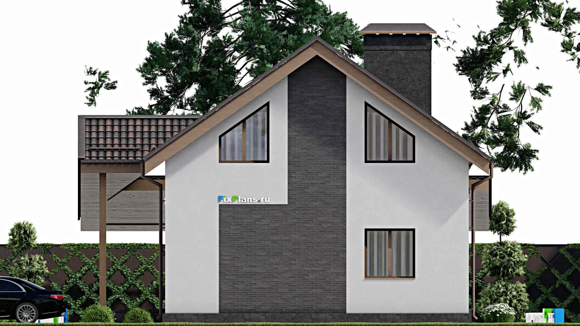 F-5669 - Проект дома с мансардой 9 на 11, площадью 220 м² с террасой, цокольным этажом и 3 спальнями