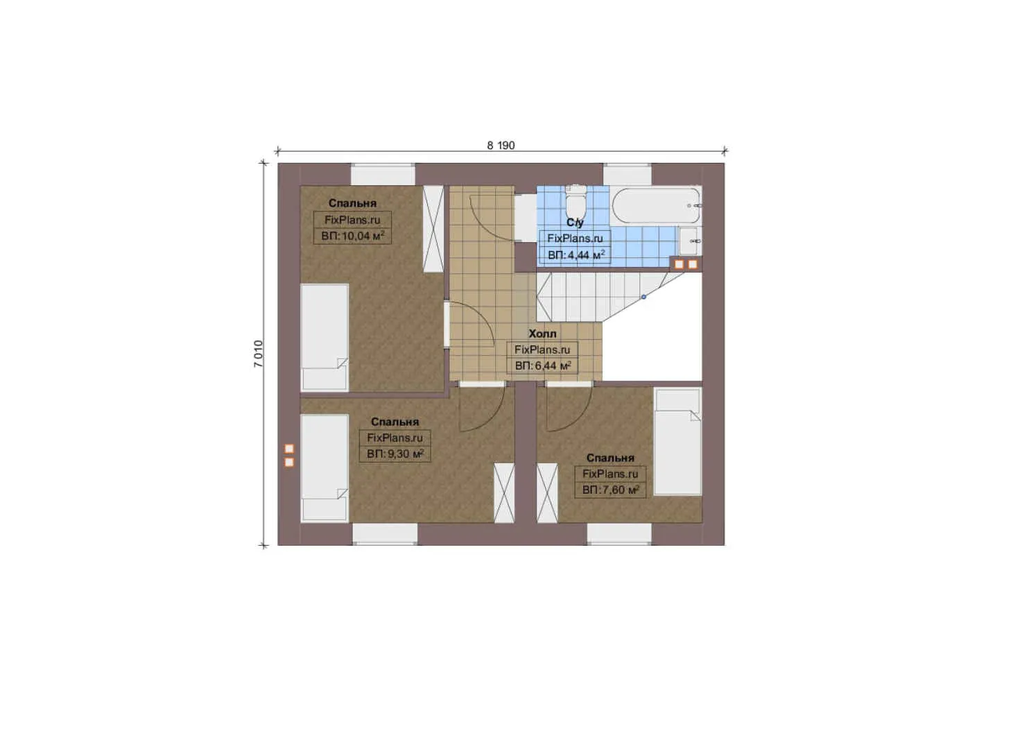 F-9899 - Планы дома с мансардой 9 на 9, площадью 90 м² с 4 спальнями