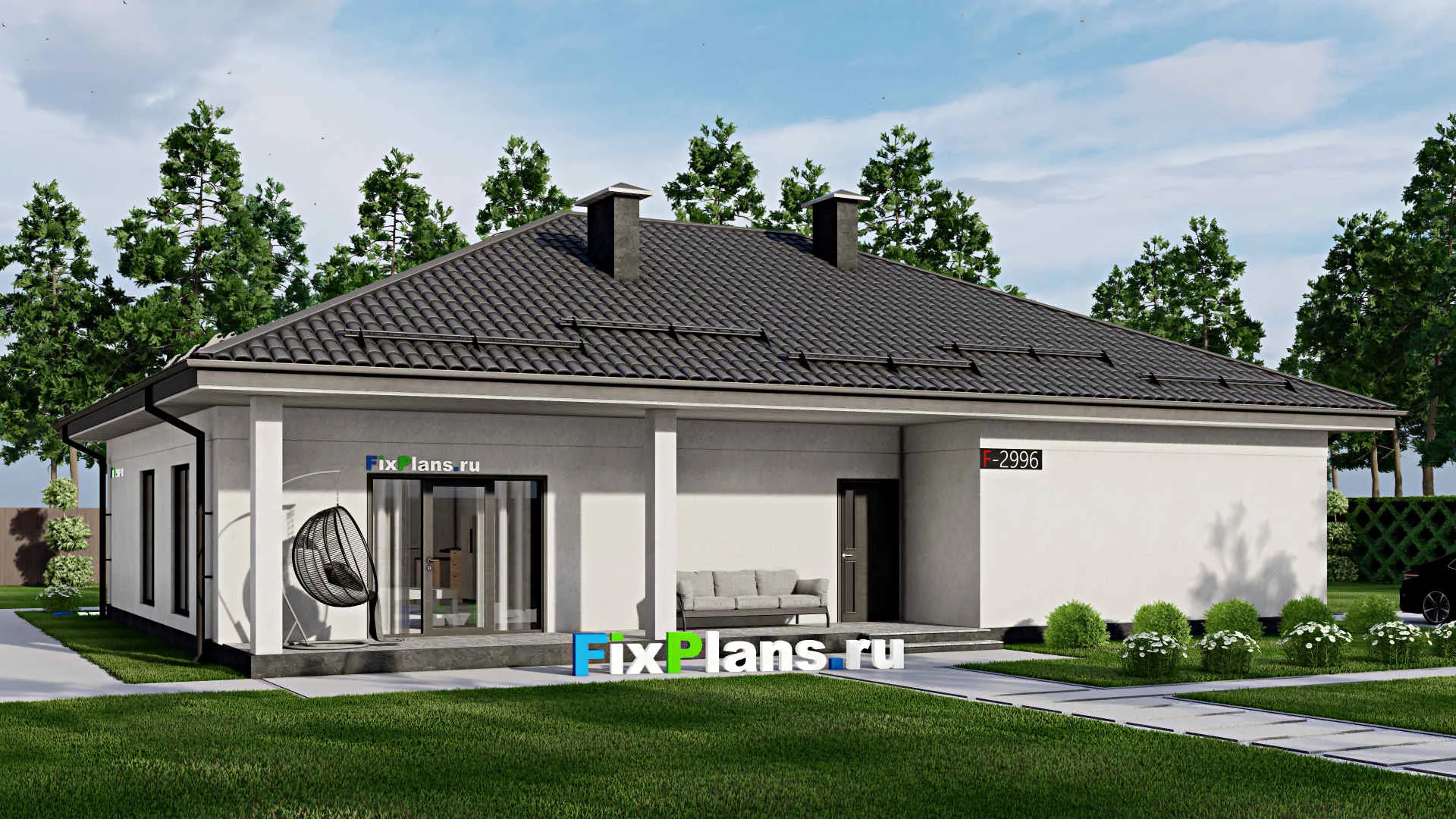 F-2996 - Проект одноэтажного дома 13 на 17, площадью 180 м² с террасой и 4 спальнями